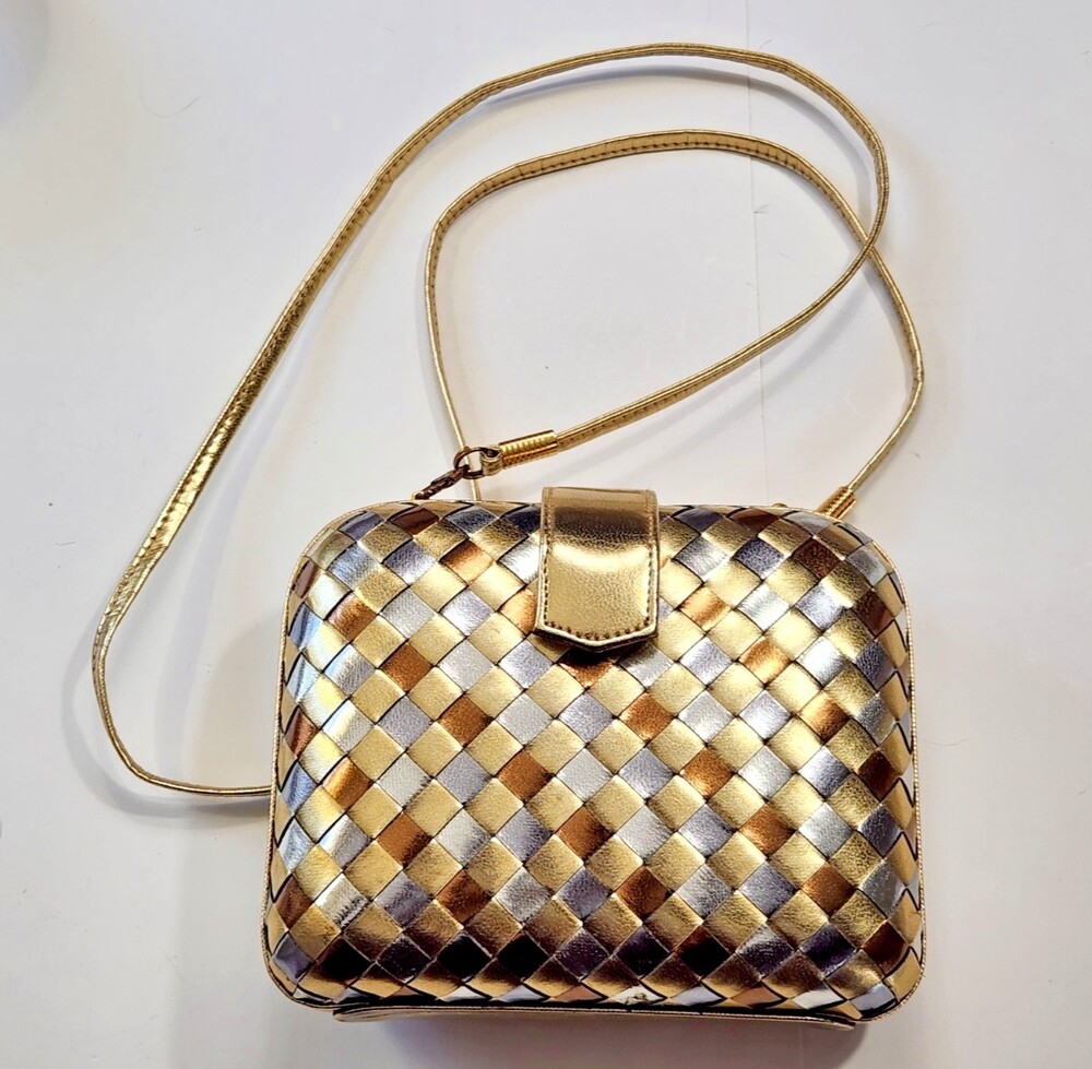 Vtg Tri-Color Woven Metallic Evening Clutch Gold Silver Bronze Faux Leather Boxy